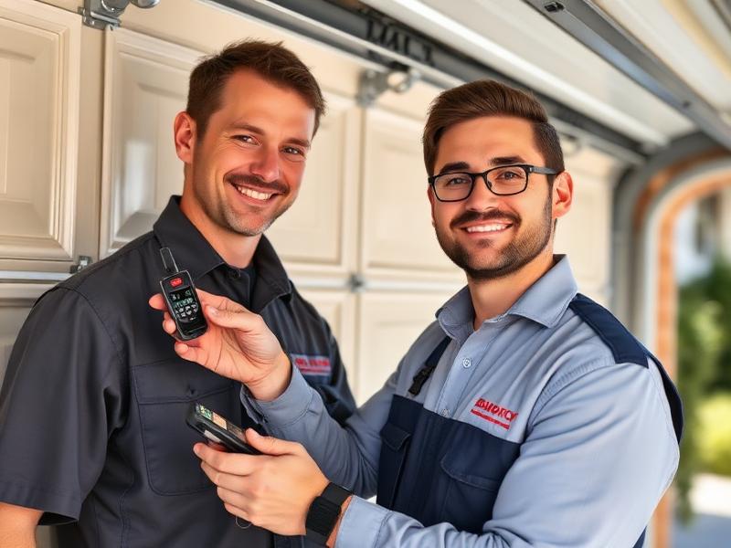 Professional garage door technicians programming remote and keypad